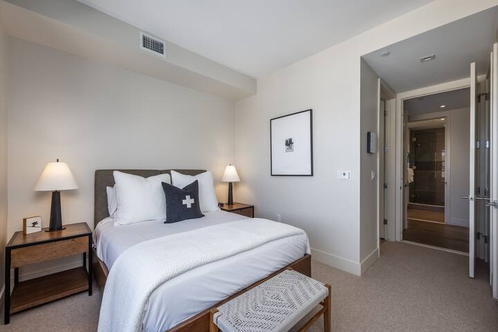 Queen bed and private bathroom