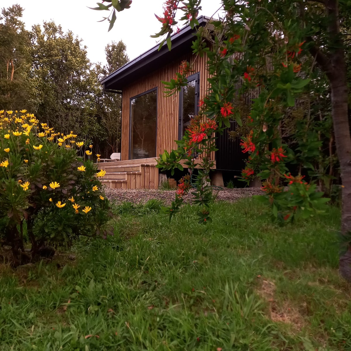 A wooden tiny house is set amidst lush greenery and vibrant flowers, featuring large windows that offer views of the surrounding nature. The exterior displays a blend of natural elements, enhancing the serene environment. The garden is filled with native plants, adding to the tranquil atmosphere.