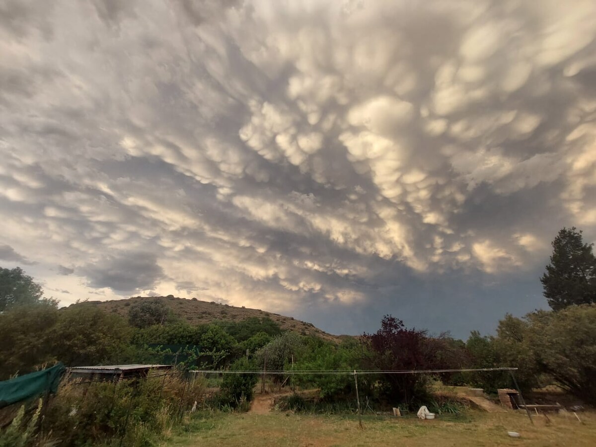 A dramatic sky filled with clouds in various shapes casts a unique light over the landscape. The surrounding hills are partially obscured by greenery, with hints of trees and foliage visible across the ground.