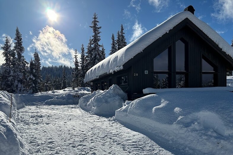 A snow-covered cabin is captured against a bright blue sky and sunlit clouds. The structure features a sloped roof and expansive windows that reflect the surrounding snowy landscape. Snow drifts line the path leading to the cabin, creating a serene winter atmosphere.