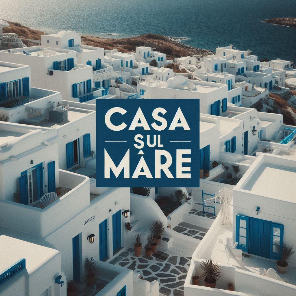 Aerial view of a charming coastal village featuring whitewashed buildings with blue accents. The structures are arranged along the shoreline, overlooking the calm sea. Clear pathways and various plants add to the serene atmosphere of the setting.