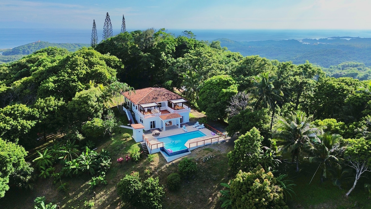 An aerial view captures the main house surrounded by lush greenery, featuring a private infinity pool at the forefront. The ocean can be seen in the distance, highlighting the property's tranquil setting amid vibrant tropical foliage.