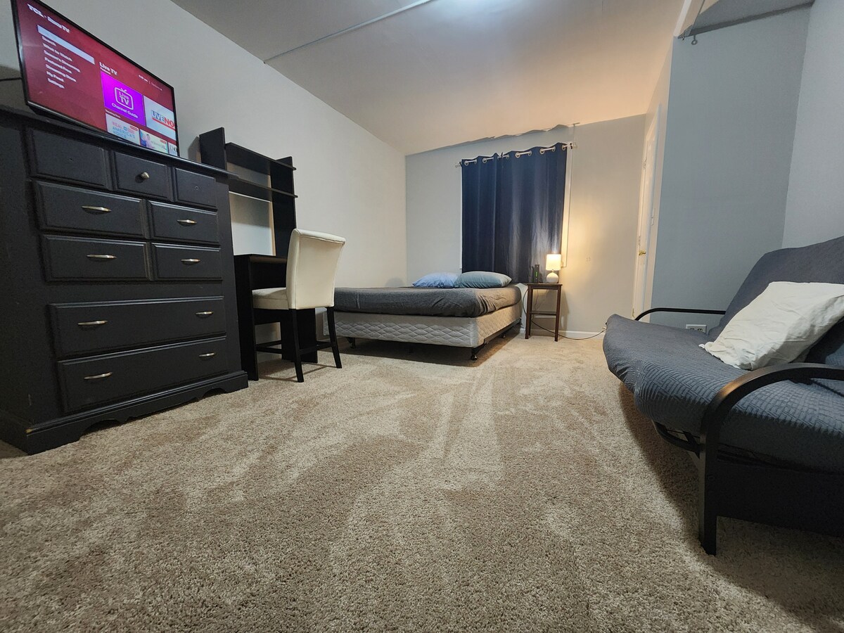 A large bedroom features a queen bed with a light-colored mattress positioned next to a window with dark curtains. A full-size futon is located across from a dresser and desk, while a Roku streaming TV sits atop the dresser. Soft carpeting covers the floor.