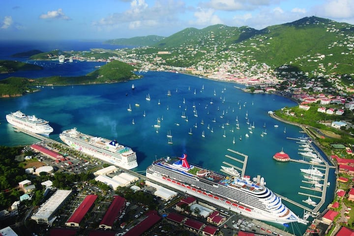 An aerial view captures a vibrant harbor filled with several large cruise ships and numerous smaller boats dotting the water. Surrounding hills and lush greenery frame the serene bay, while the shoreline features colorful buildings and a marina, showcasing the lively coastal activity.