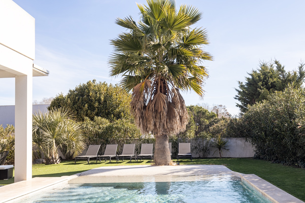 A private heated pool is surrounded by well-maintained greenery and lounge chairs. A tall palm tree adds a tropical touch to the serene outdoor setting, creating a tranquil space for relaxation.