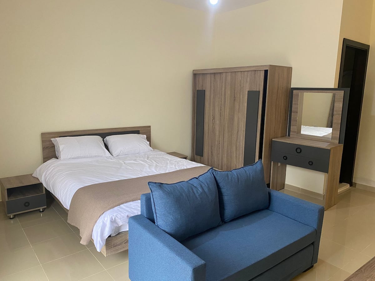 The bright interior of Chalet 104