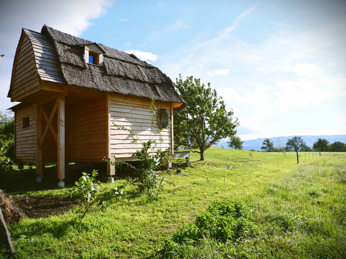 A charming wooden cabin with a thatched roof is set in a lush green landscape. Tall grass surrounds the cabin, and a tree provides shade nearby. The scenery features distant hills under a blue sky, contributing to a serene and natural ambiance.