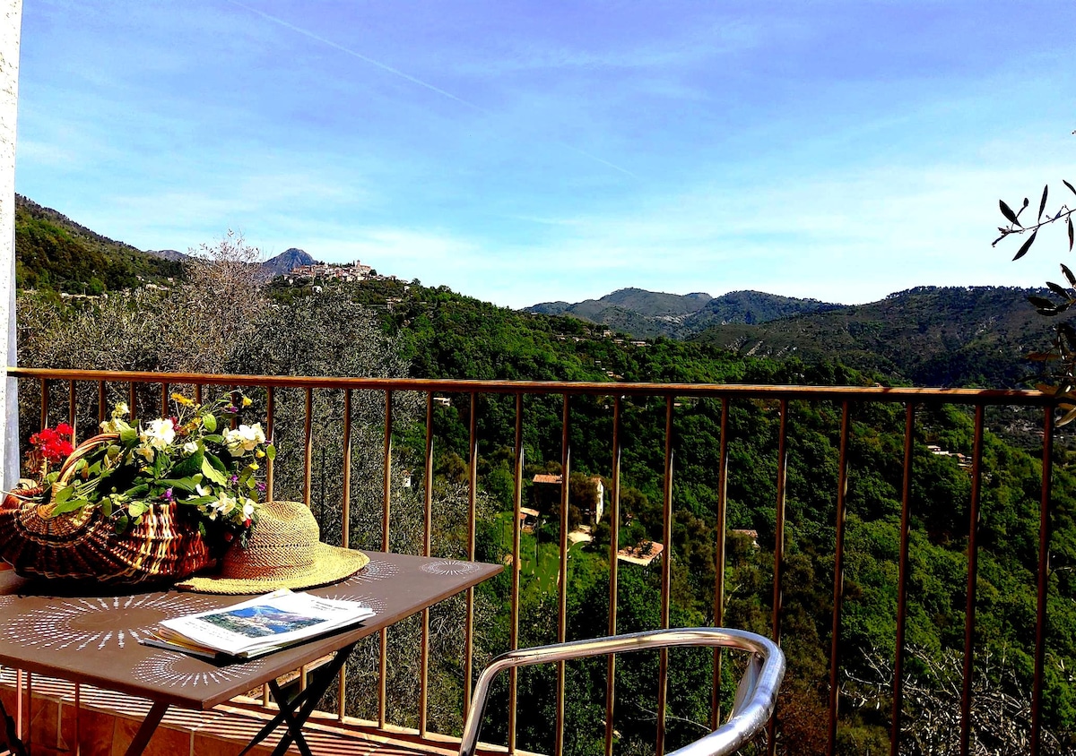 A balcony offers a scenic view of rolling green hills and distant mountains. A small table is set with a straw hat and an open book, accompanied by a basket filled with flowers. The railing provides safety while allowing for panoramic landscape visibility.