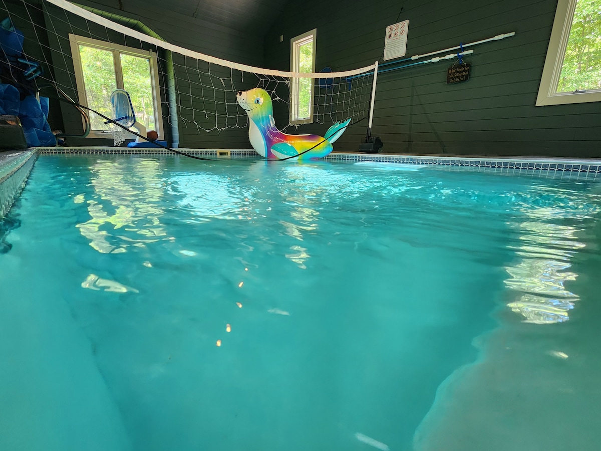 An indoor pool is shown with clear water and a colorful inflatable pool toy. Large windows allow natural light to illuminate the space, while a netting structure is visible above the pool area, adding an element of playfulness.