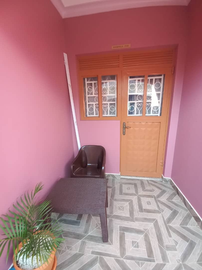 An inviting entryway is presented with a pink wall and a decorative floor pattern. A small table is positioned next to a single, dark chair. A potted plant enhances the space, while a solid door with a grid design offers access to the interior.
