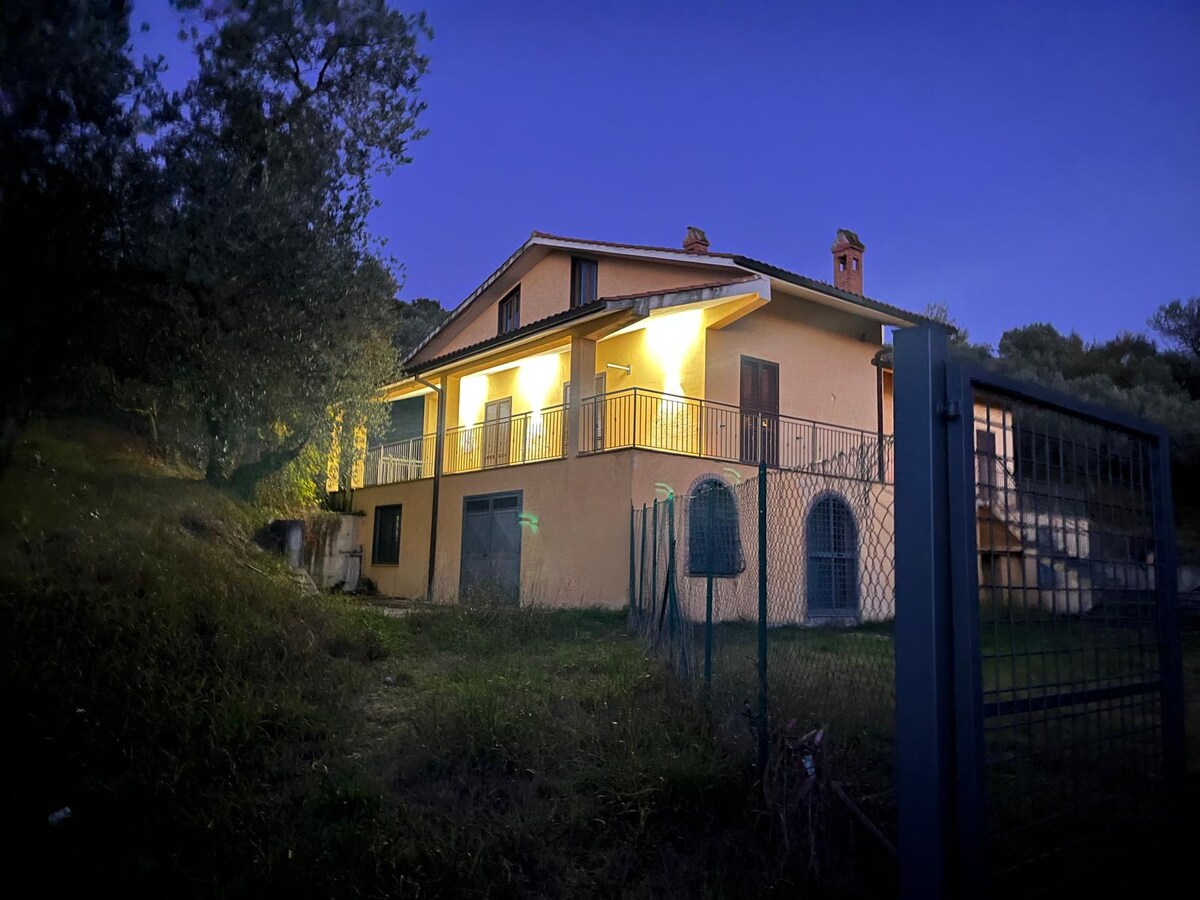 The exterior of the villa is showcased at dusk, with soft lighting illuminating the balcony. The structure features a spacious two-story design, framed by greenery from the surrounding olive grove. A fence and gate are visible, providing a sense of privacy.
