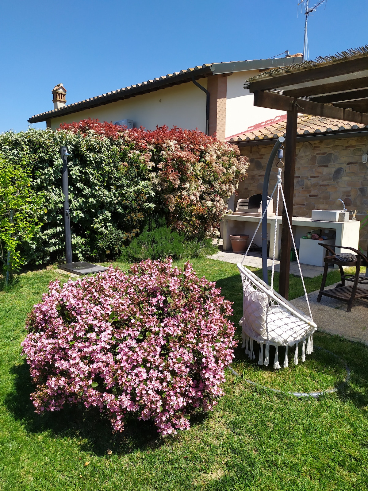 A vibrant garden is displayed, featuring a blooming pink bush and a hanging chair, providing a relaxing outdoor space. In the background, greenery and flowering hedges create a natural barrier, while a stone structure is visible, enhancing the garden's charm.