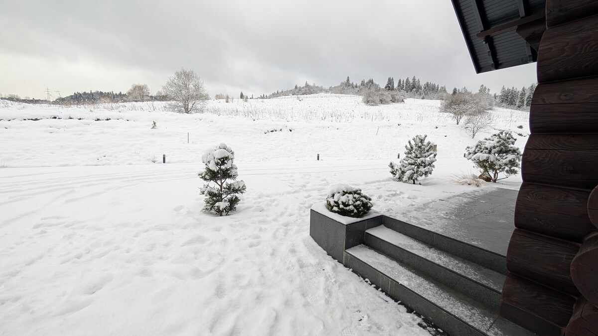 A snowy landscape is showcased, with a view of softened hills in the distance. White snow blankets the ground, creating a serene atmosphere. Small evergreen bushes are partially visible near the steps of the cabin, leading to a welcoming entrance.