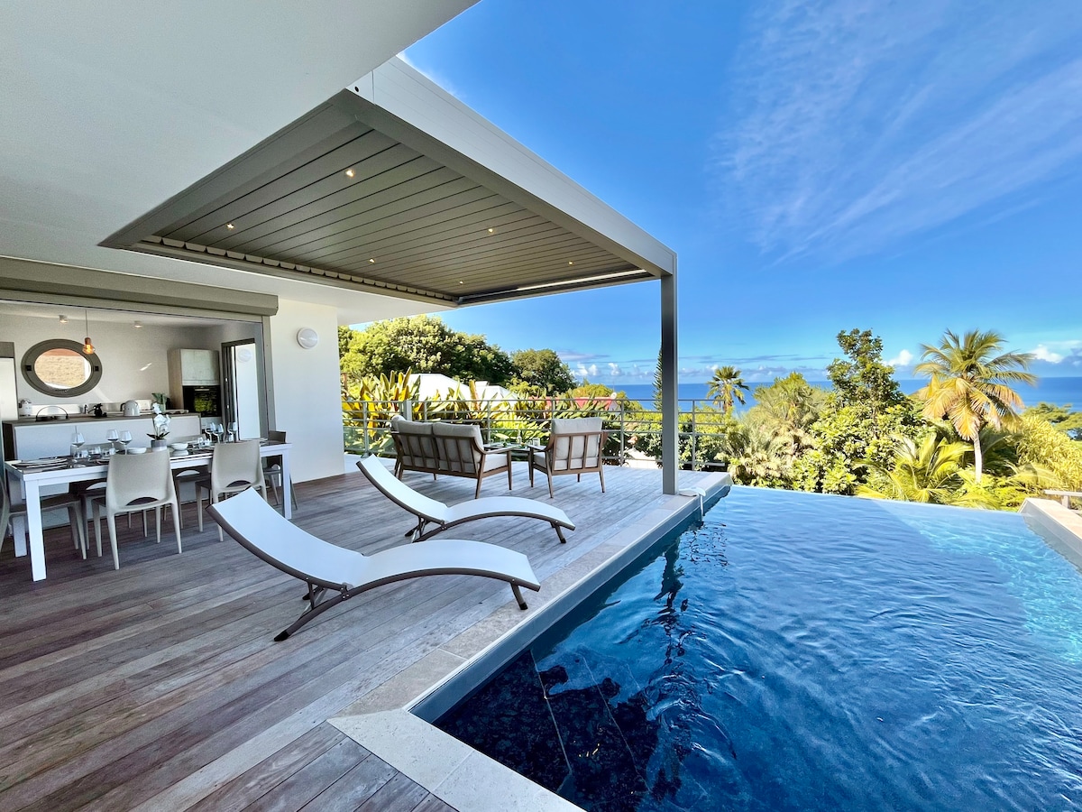 An outdoor terrace features a refreshing infinity pool, lounge chairs, and a dining area. Modern furnishings are complemented by lush greenery, while ocean views provide a serene backdrop. A canopy above the seating area can be adjusted for shade or openness, enhancing the outdoor experience.