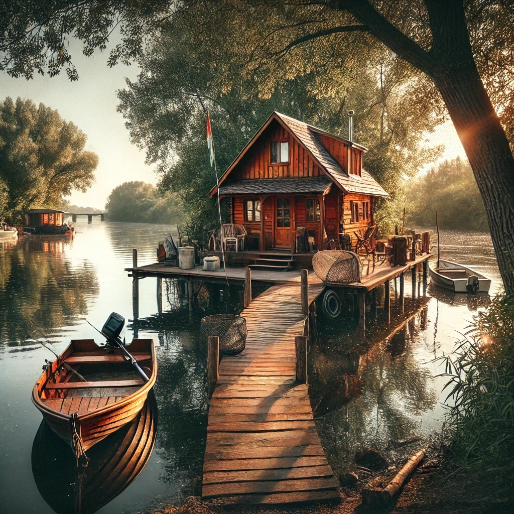 A rustic wooden house sits by the water, featuring a broad deck accessible by a wooden walkway. Boats are moored nearby, and lush trees surround the scene, creating a serene environment. The sunlight enhances the warm tones of the structure and highlights the tranquil waters.