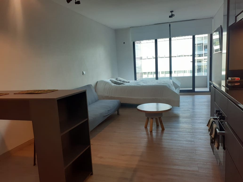 A spacious studio apartment is featured, with large windows allowing natural light to fill the room. A cozy seating area is complemented by a low coffee table, while a generous bed is neatly made with a light-colored coverlet. A kitchenette is visible in the background.