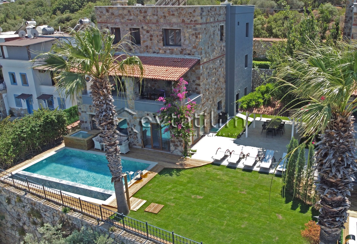 A stone villa featuring a private pool surrounded by a wooden deck and lawn. Palm trees add a tropical feel, while lounge chairs provide seating for relaxation. The structure consists of two stories with a tiled roof and colorful blooming plants enhancing the outdoor space.