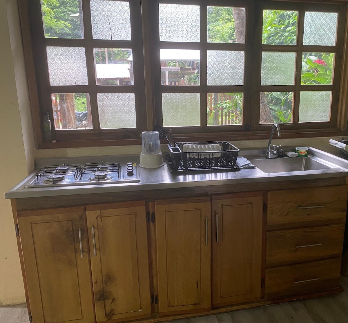 The kitchen features wooden cabinetry with a stainless steel countertop. Two gas burners are visible alongside a dish drying rack, which is placed adjacent to a sink. Large windows allow natural light to illuminate the space, providing views of the surrounding greenery.