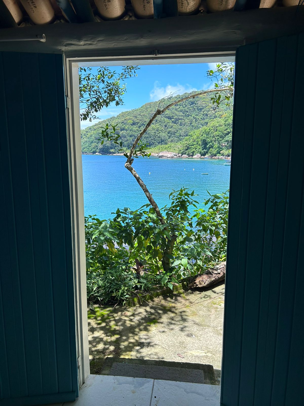 A doorway reveals a vibrant view of the blue ocean and lush green hills. The bright sunlight highlights the natural beauty, while plants frame the scene, inviting a serene connection to nature just outside the entrance.