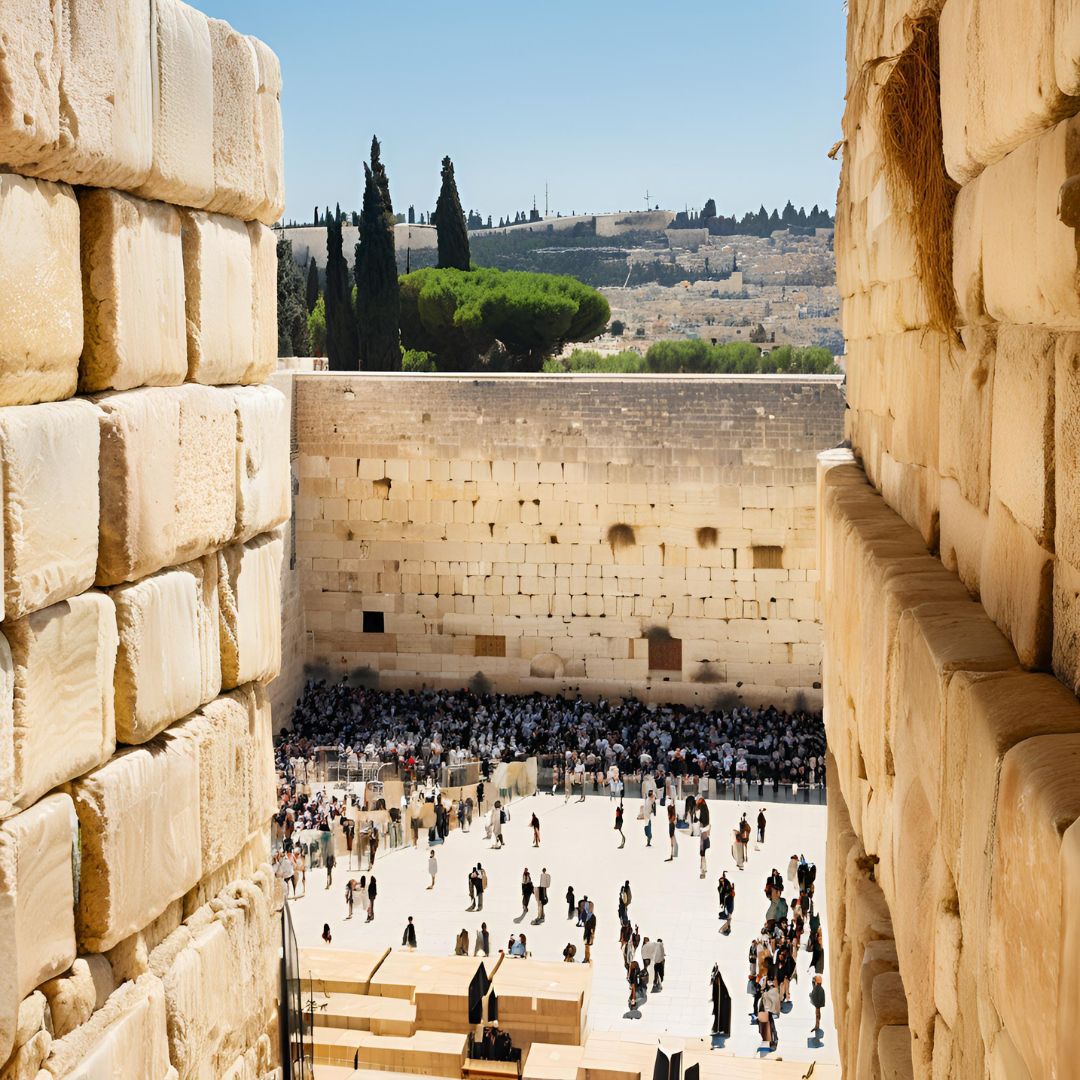 A view of a large, open area from between two stone walls, revealing a crowd of people gathered in front of a significant religious site. Tall trees and distant hills can be seen in the background under a clear blue sky.