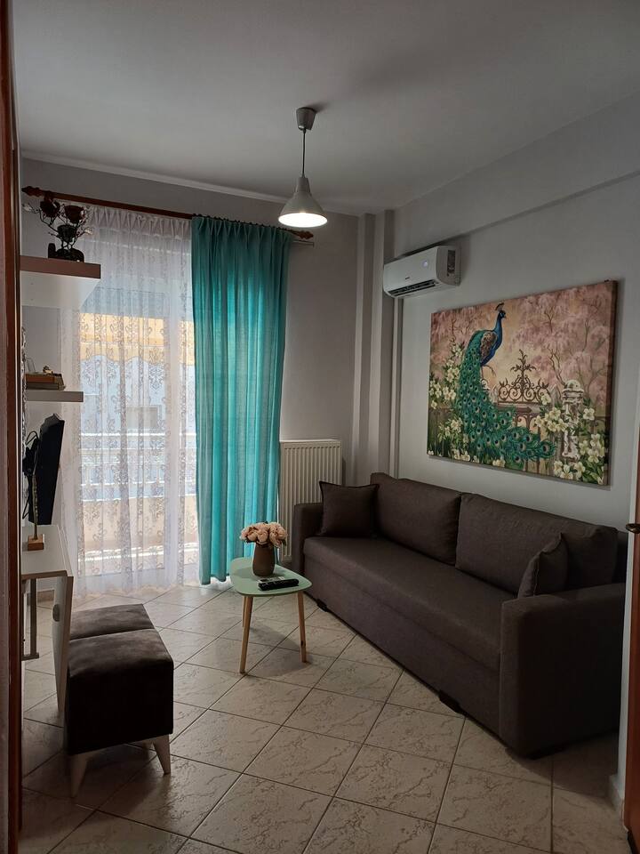 SALON AVEC CHAUFFAGE AU GNL ET CLIMATISEUR, BALCON AVEC VUE SUR LA VILLE. CANAPÉ-LIT OUVERT ET TABLE MURALE. TÉLÉVISION CONNECTÉE KAI WI-FI.