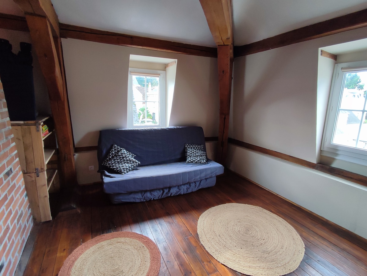A cozy multi-functional space includes a fold-out sofa along with decorative cushions. Natural light enters through a window and a skylight, highlighting the wooden beams and polished hardwood floor. Two round woven rugs are positioned on the floor, adding texture to the room.