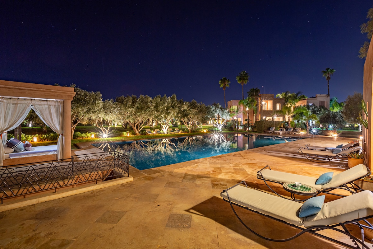 An outdoor area is illuminated by soft lighting at night, featuring a large swimming pool surrounded by lush olive trees. Comfortable loungers are positioned beside the pool, and a shaded cabana is visible, offering a relaxing space for guests.
