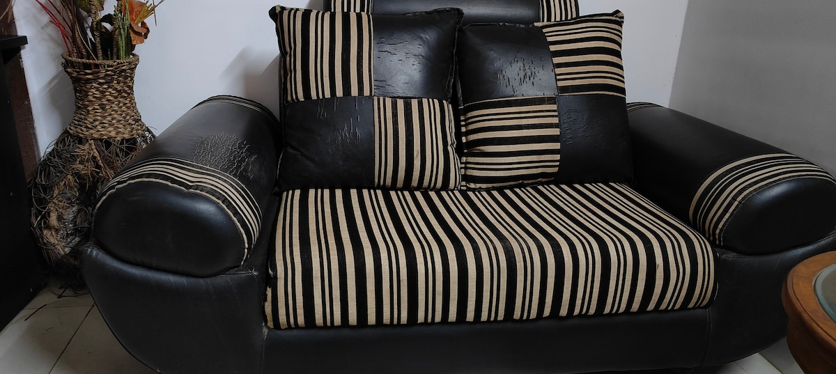 A large, contemporary sofa features bold stripes in black and beige. Several matching cushions are arranged on the backrest, providing comfort. The contrasting colors add visual interest, while a nearby decorative basket with dried plants enhances the space.