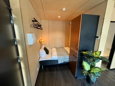 A compact sleeping area is designed with wooden paneling and features a spacious bed, a bedside light, and a decorative green plant. A clothing rack is mounted on the wall, and soft linens enhance the overall functionality and comfort of the space.