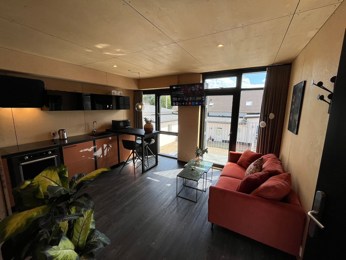 A modern living area features a comfortable orange sofa and a small glass coffee table. Natural light is provided by large windows, creating a bright ambiance. A compact kitchen is visible, equipped with essential appliances and utensils. A flat-screen TV is mounted on the wall for entertainment.