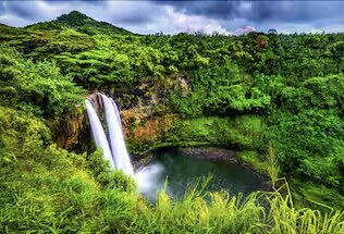 A lush, verdant landscape is dominated by a cascading waterfall that flows into a serene pool below. Rich greenery surrounds the scene, with tropical vegetation framing the water and rocky cliffs in the background, reflecting the natural beauty of the Hawaiian environment.