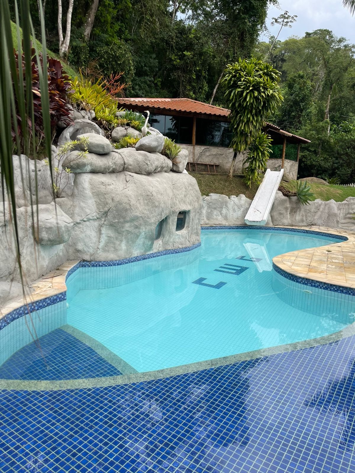 A gently sloping pool features a light blue surface, surrounded by textured stone edges and vibrant tropical plants. A waterslide is visible, leading into the water, while a rustic cabin sits in the background, framed by lush greenery.