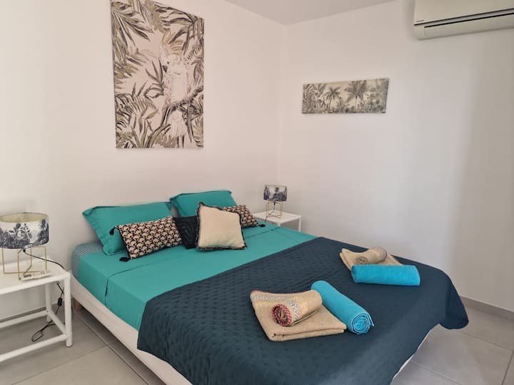 Habitación con cama queen size (160 cm), aire acondicionado, armario, terraza privada, baño privado y aseo privado independiente.