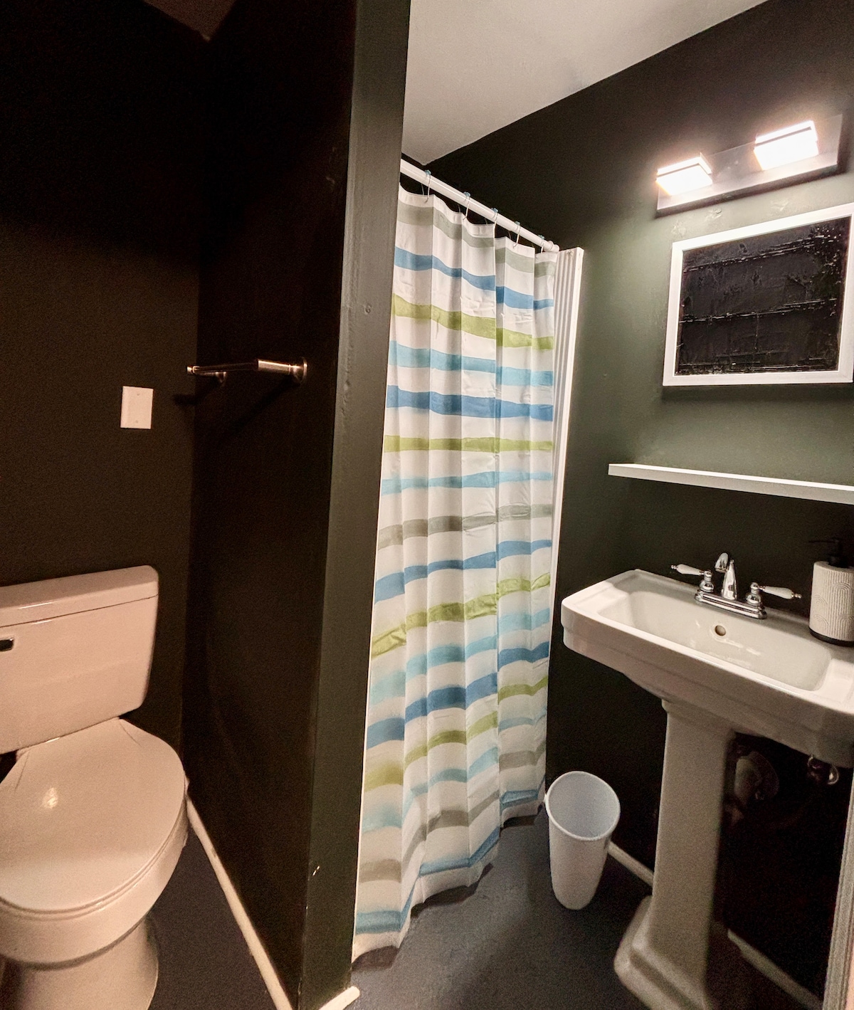 A compact bathroom features a clean white toilet and a pedestal sink with chrome fixtures. A shower area is separated by a striped shower curtain in light colors. Dark green walls contribute to a modern feel, while a small shelf displays toiletries.