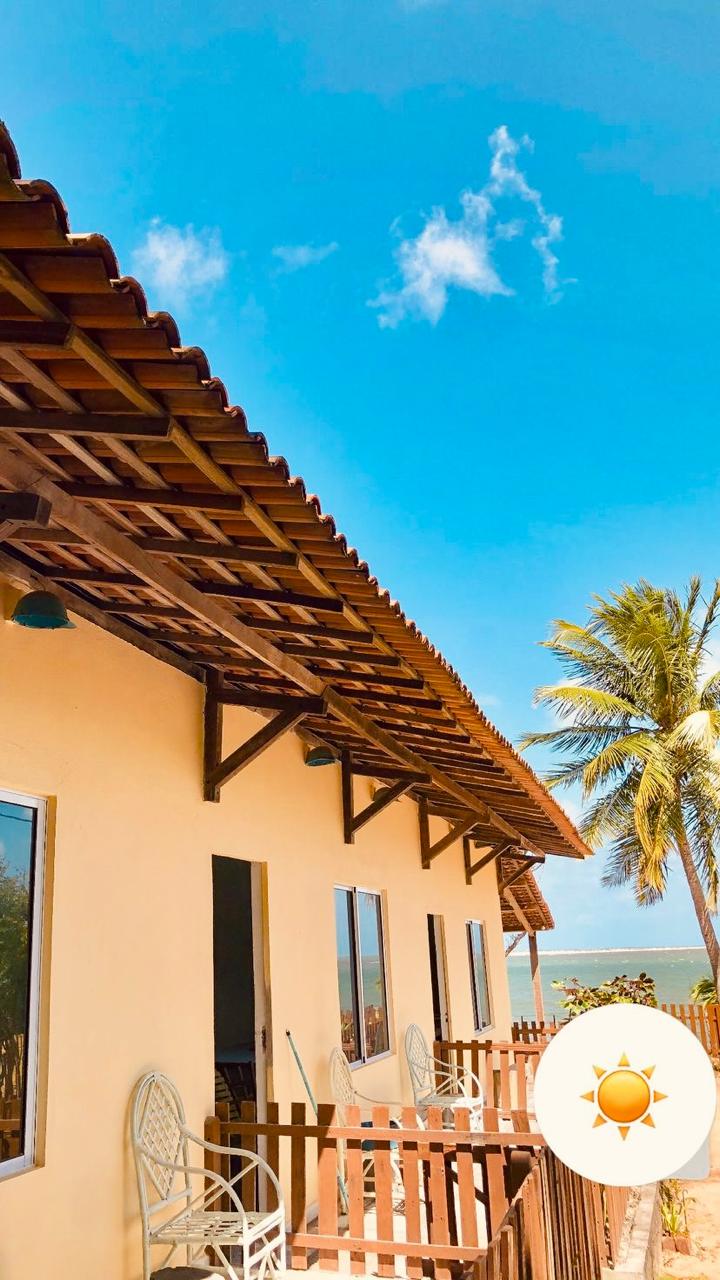 A charming building features a sloped wooden roof and large windows, allowing natural light to illuminate the interior. Outdoor seating is provided on a spacious deck, framed by a wooden railing. Palm trees and a clear blue sky enhance the coastal environment.