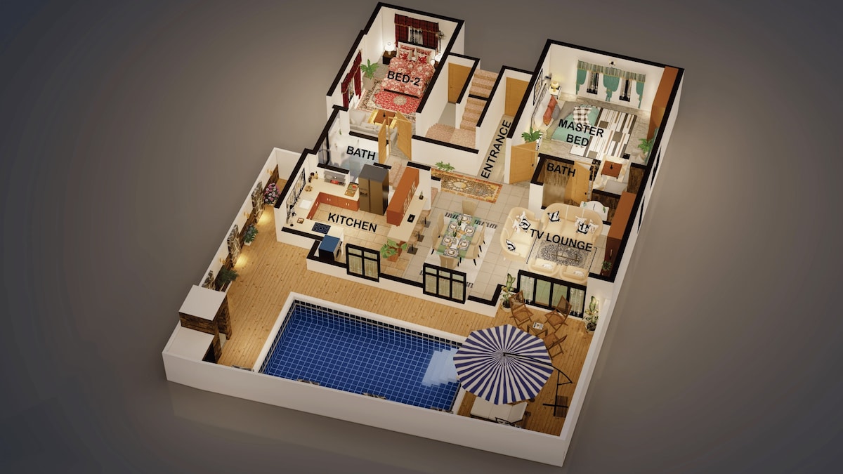 A 3D floor plan of a spacious two-bedroom unit is displayed. The layout includes a kitchen area, a dining and TV lounge, two bathrooms, and a private poolside terrace featuring an umbrella. Each bedroom is well-defined, emphasizing the functional flow of the space.