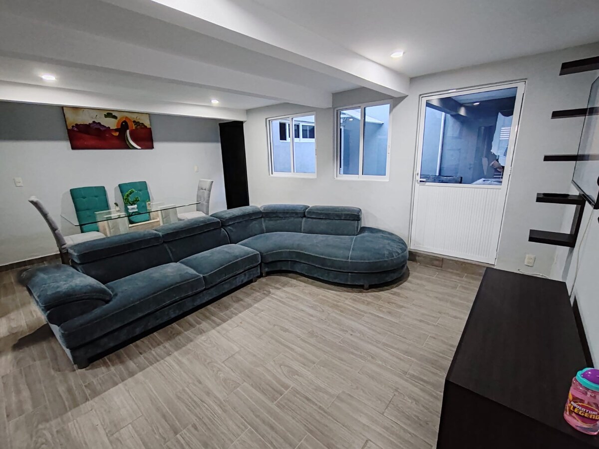 A spacious living area features a curved sectional sofa in a calming blue hue. Large windows provide natural light, illuminating the space. A simple coffee table and transparent chairs offer additional seating options, while a media console is positioned against one wall.