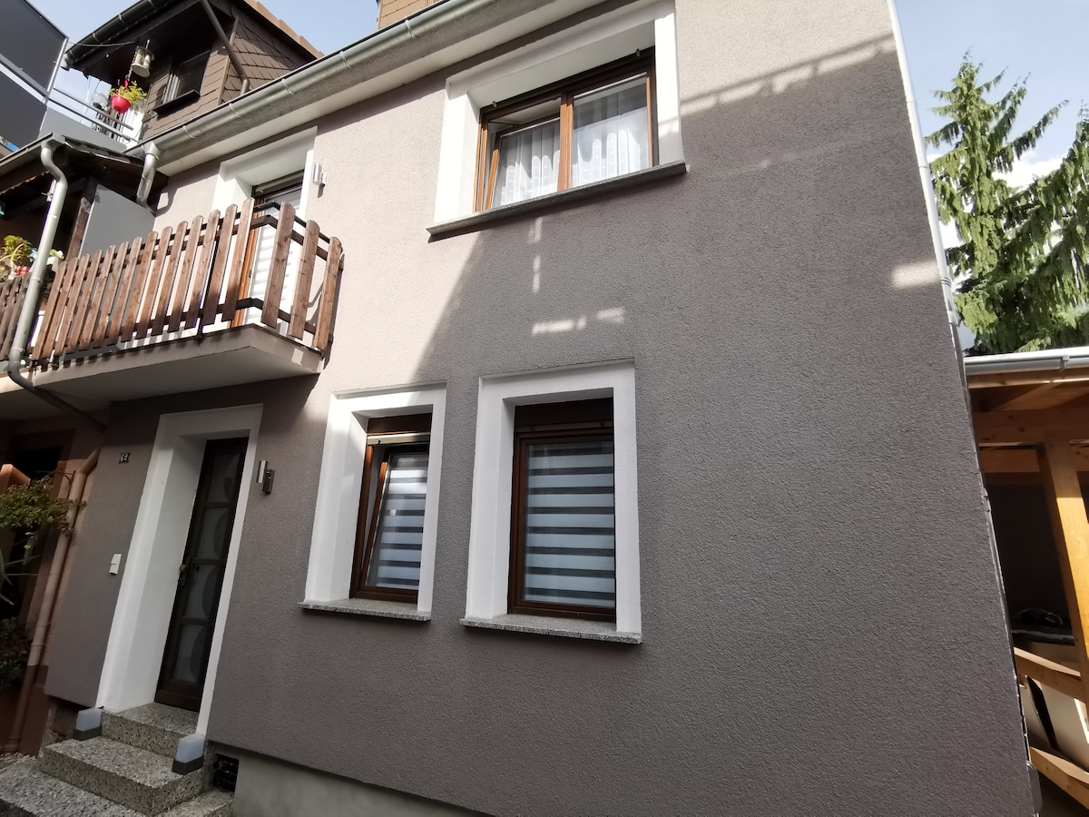 The exterior of the house features a smooth, light-colored facade with a mix of large and smaller windows. A small balcony with wooden railings is located above the entrance. The surrounding area includes greenery, adding a touch of nature to the setting.