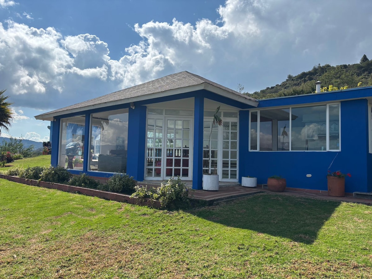 A spacious blue house is set against a backdrop of cloudy skies. Large glass windows enhance the view of the surrounding green landscape, while a well-kept lawn and potted plants add to the welcoming exterior.