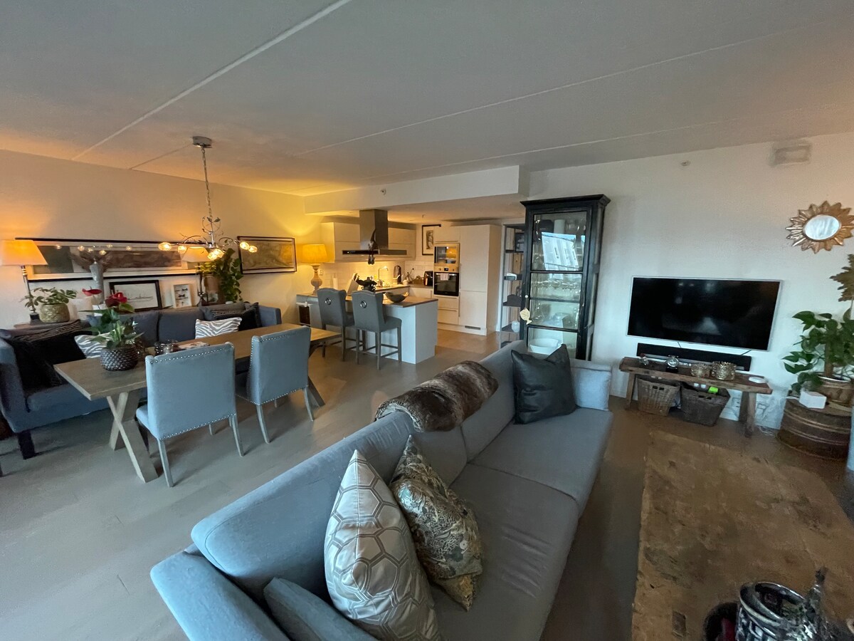 An open living space is shown, featuring a comfortable sofa adorned with decorative pillows. A wooden coffee table sits in front, and a dining area with a large table and chairs is visible in the background. A TV and plants are arranged along the walls.