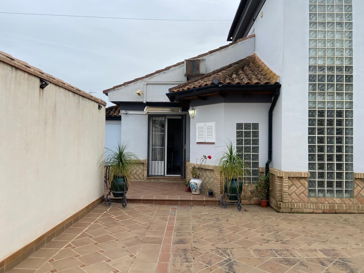 An exterior view of a charming home features a tiled patio area and a welcoming entrance. Glass block windows allow natural light to enter, while potted plants add a touch of greenery. The distinctive roof showcases traditional tiles, contributing to the architectural character.