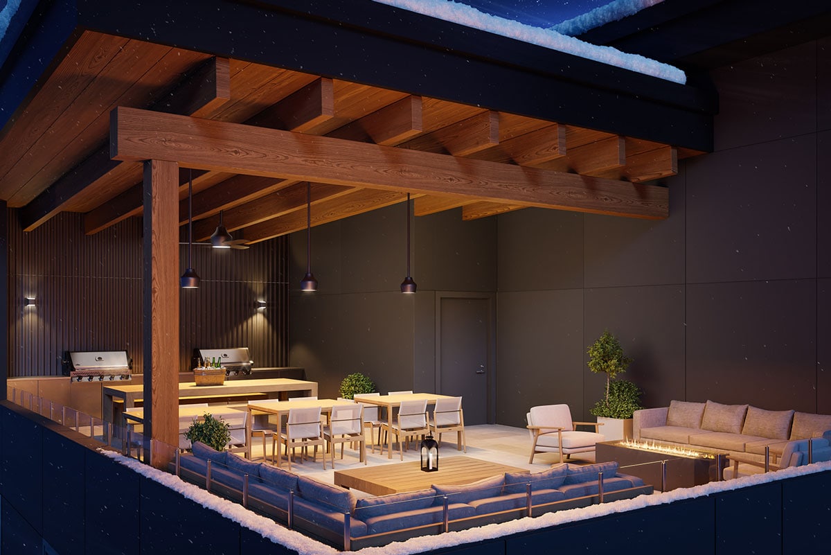 A spacious outdoor lounge area features modern seating and dining arrangements under a wooden pergola. Soft lighting highlights the area, which includes a grill for cooking. Snow is lightly dusted on the roof, creating a cozy atmosphere for relaxation.