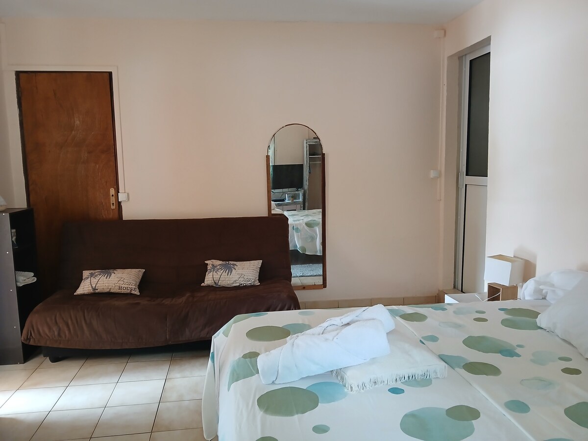 A spacious room features a large bed with a patterned bedspread. A cozy futon sofa is positioned nearby, complemented by decorative pillows. A full-length mirror reflects natural light coming from a nearby window, and a wooden door adds warmth to the neutral-colored walls.