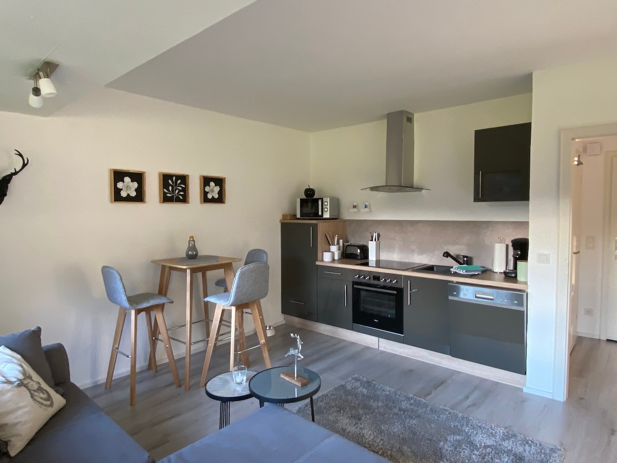 A modern kitchen area is visible, featuring sleek cabinetry and an integrated cooking setup. A small dining table with two chairs is positioned in the corner. The open design allows for easy movement between the living area and kitchen, enhancing the cozy atmosphere.