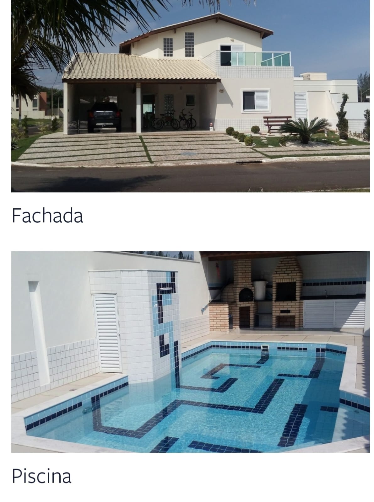 An inviting exterior view of a two-story house is presented, featuring a covered porch and a well-manicured lawn. The adjacent swimming pool features a geometric design with a soothing blue hue and is complemented by a barbecue area.
