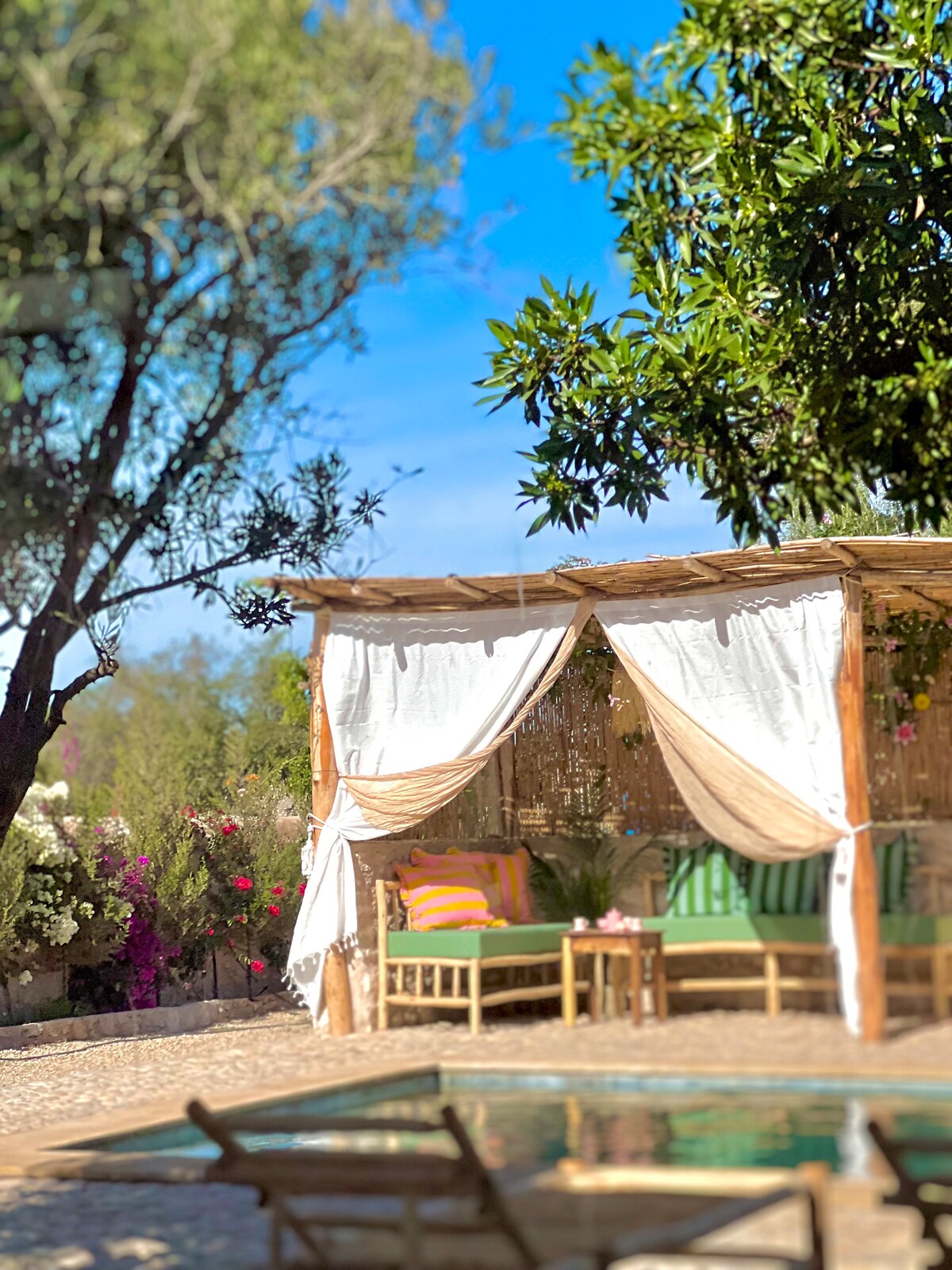 A shaded outdoor seating area features a wooden structure draped with white fabric. Colorful cushions are arranged on simple furniture alongside a tranquil pool, with greenery and blooming flowers visible in the background, creating a calm and inviting space for relaxation.