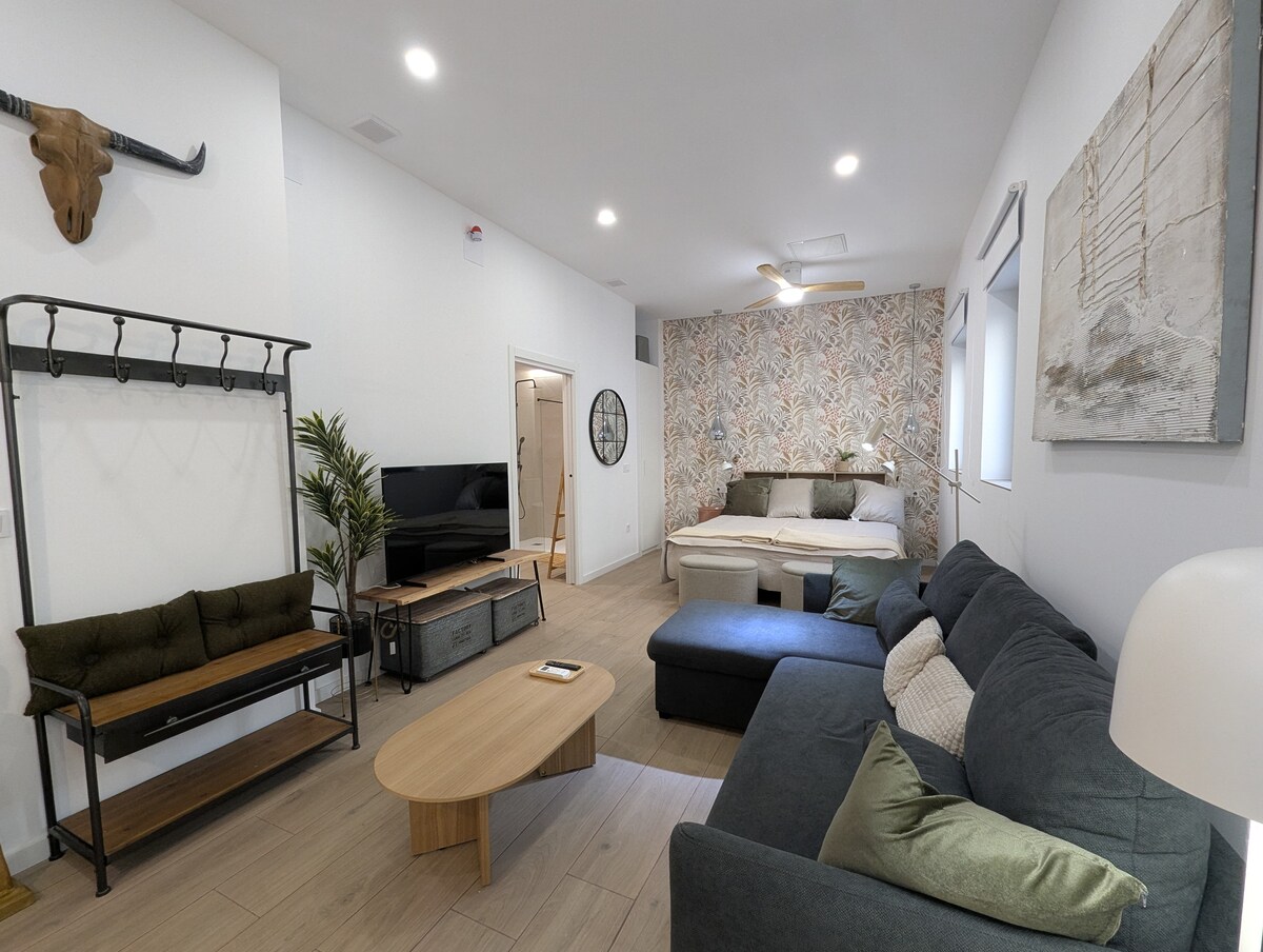 An open living area features a comfortable sofa and a coffee table. A well-arranged sleeping space is visible in the background, with a spacious bed against a patterned wall. A TV is placed on a stand, complemented by a stylish coat rack and indoor plants.