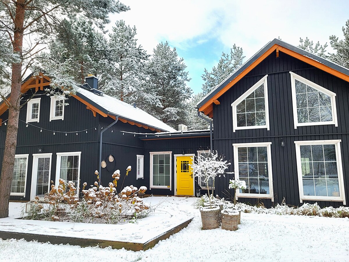 A charming black wooden house with orange accents is viewed against a snowy landscape. White snow covers the ground and roof, while large windows allow natural light to fill the interior. Decorative plants in planters add a subtle touch to the entrance.