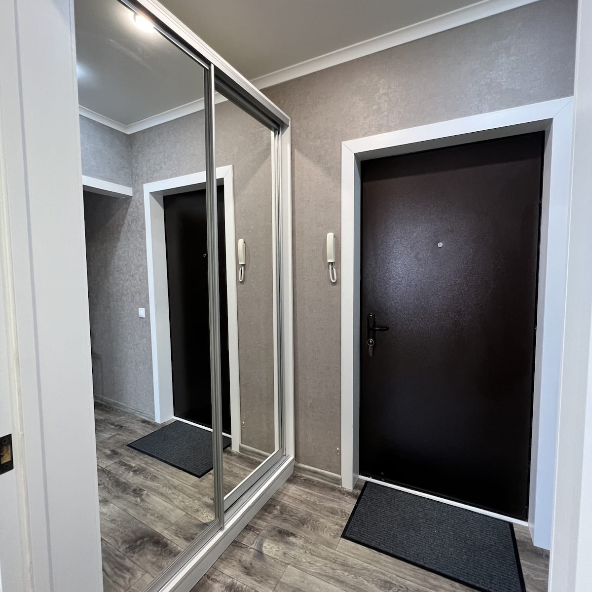 A hallway features a dark entrance door and a full-length mirror against a textured gray wall. The floor is covered with light wood-like tiles, and an area rug is placed in front of the entrance. Light fixtures above provide ambient lighting.