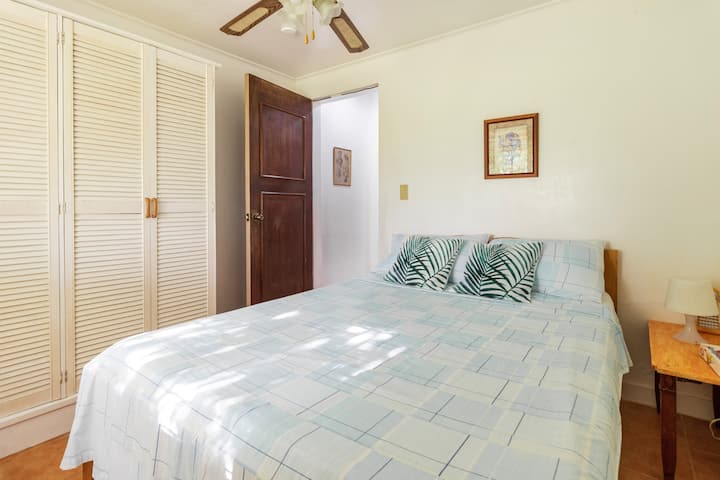 Bedroom No. 2 with a queen size bed with night table and 2 large closets.
Aircon as well as a ceiling fan.
Bathroom/CR No. 2 is just outside the door to the right.